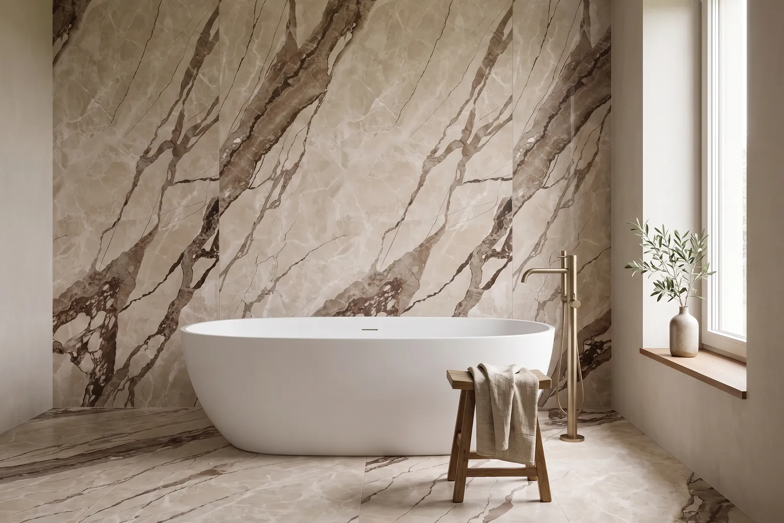 Marmor Beige Taupe II verlegt: Bad mit freistehender Wanne (Visualisierung)