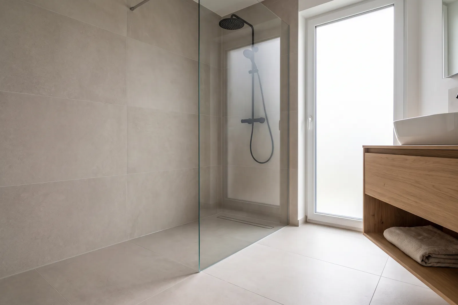 Marmor Greige Sand verlegt: Bad mit bodengleicher Dusche (Visualisierung)