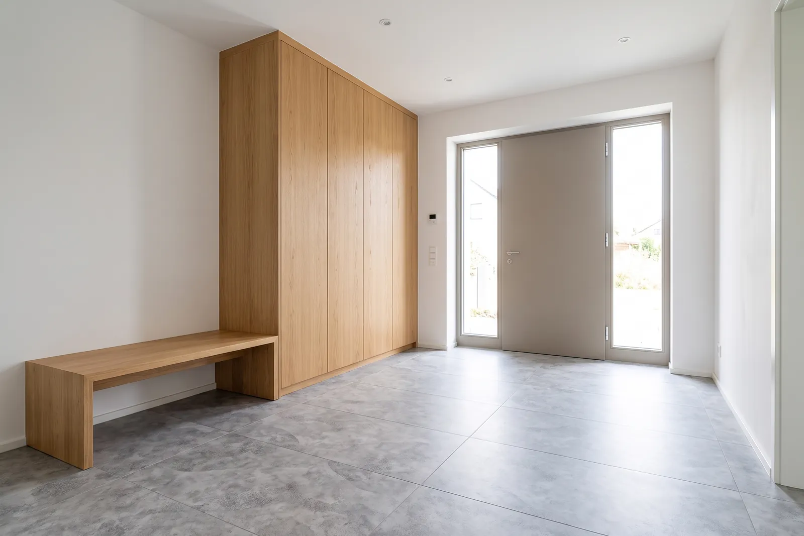 Flur mit Beton Grau am Boden: die Fugen laufen in beiden Richtungen gerade durch, daneben ein Einbauschrank aus Eiche.